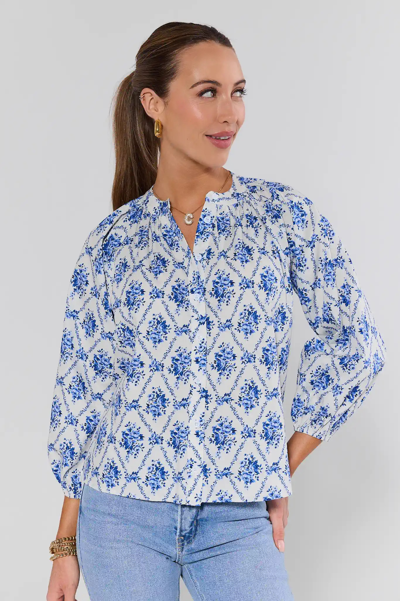 Elise Blue Floral Print Button Up Top | Avara