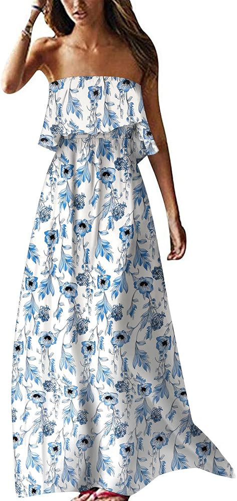 ZMPSIISA Women's Summer Off The Shoulder Maxi Dress Ruffle Strapless Blue White Porcelain Boho Ca... | Amazon (US)