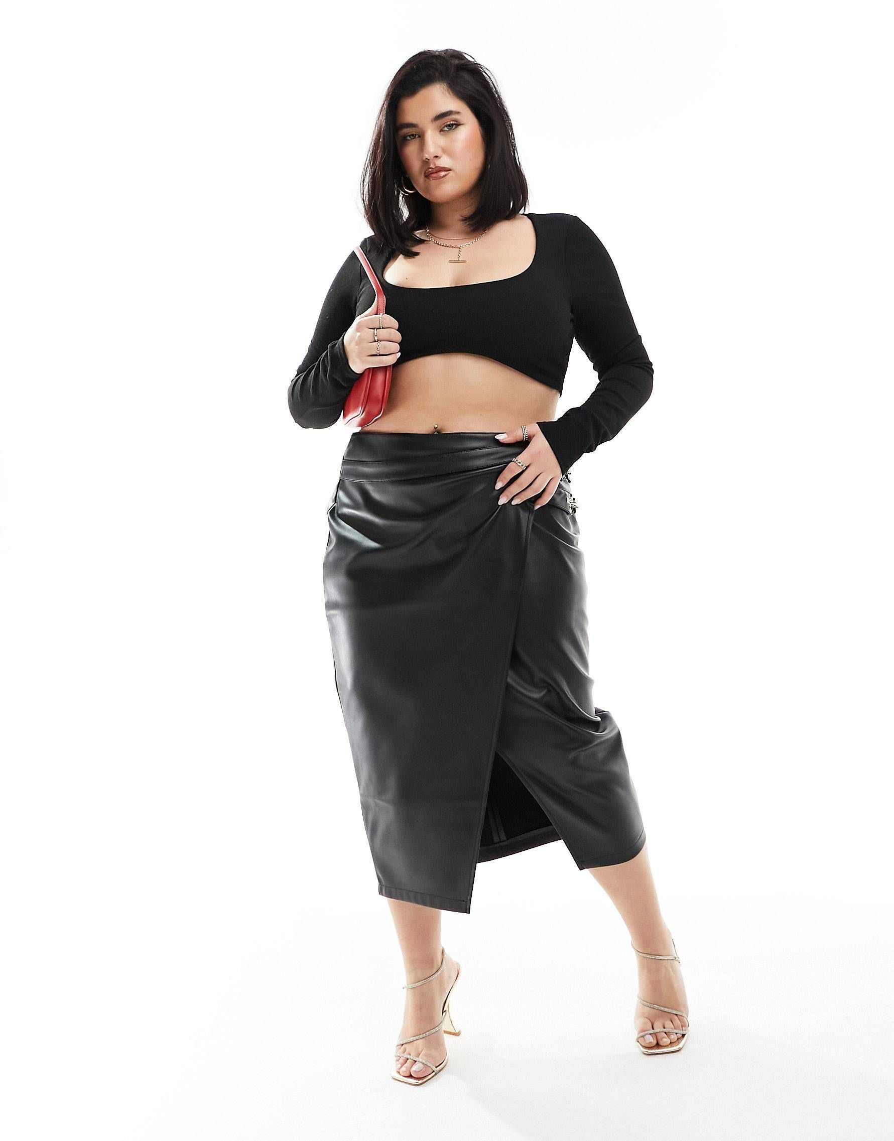 River Island Plus faux leather wrap skirt with gold trim in black | ASOS (Global)