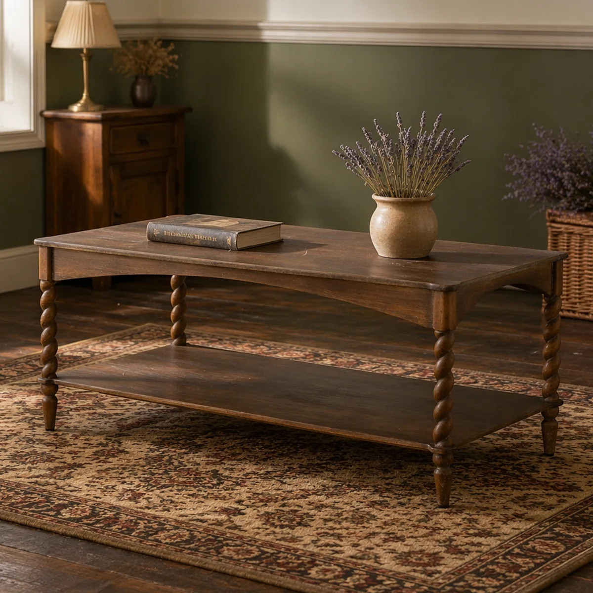 47x22x18.5" Rustic Brown Wood Coffee Table with Turned Spiral Legs and Lower Shelf | Wayfair North America