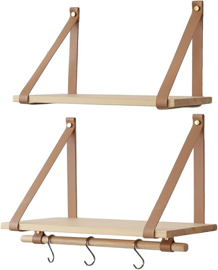 Wood Floating Shelves with Leather Strap