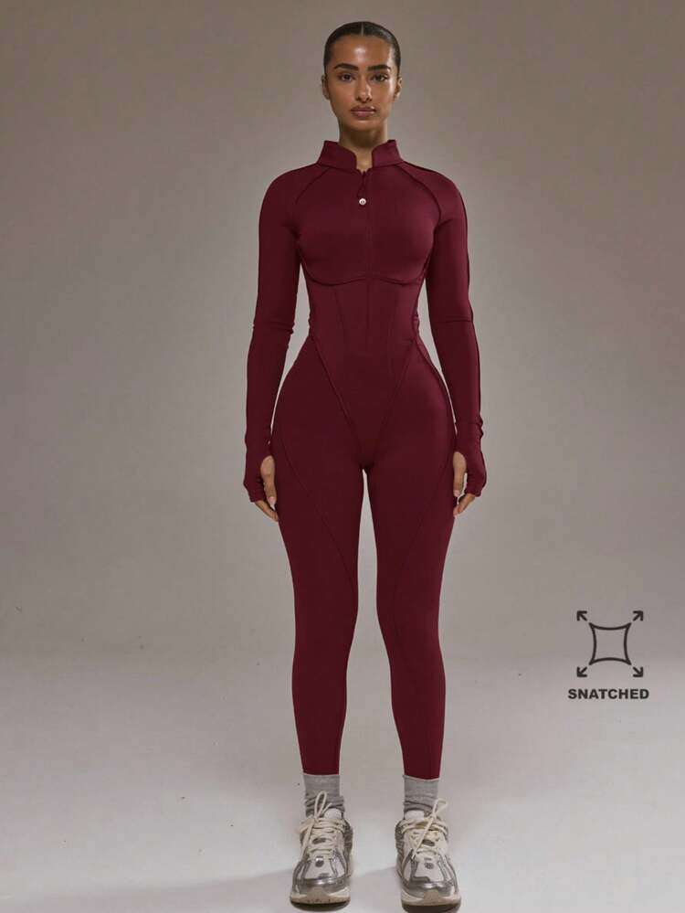 Musera Sport Contrast Piping Zip Through Open Back Fitted Long Sleeve Jumpsuit Padel Winter Activewear Sport Gym Workout | SHEIN