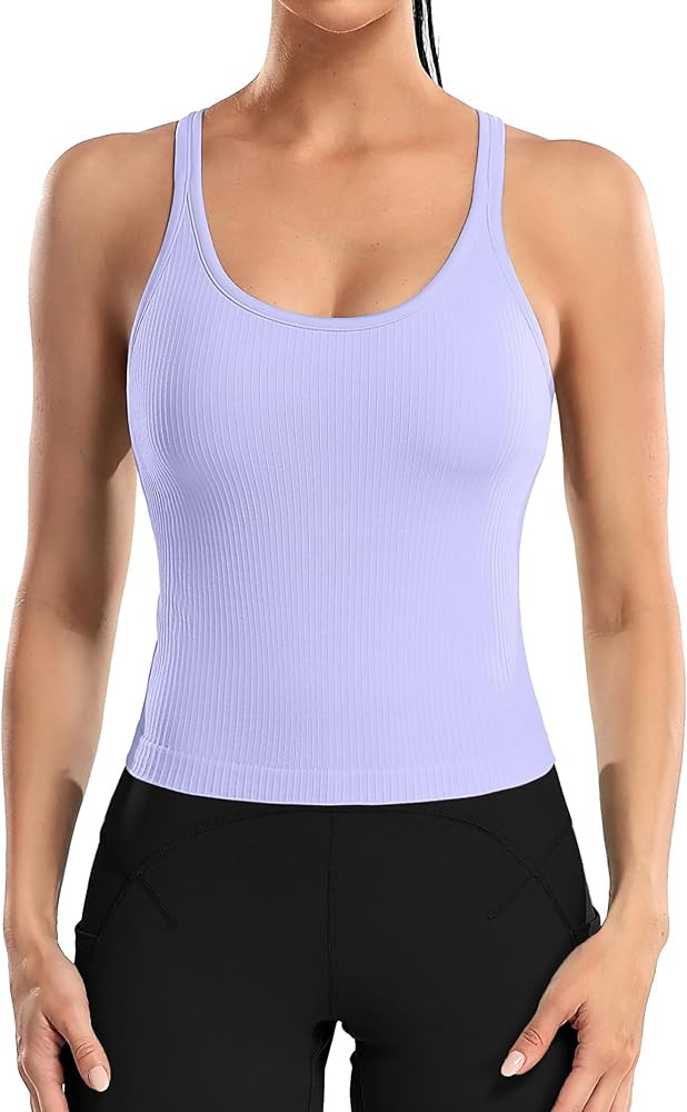 ATTRACO Women Ribbed Workout Crop Tops with Built in Bra Yoga Racerback Tank Top Tight Fit | Amazon (US)