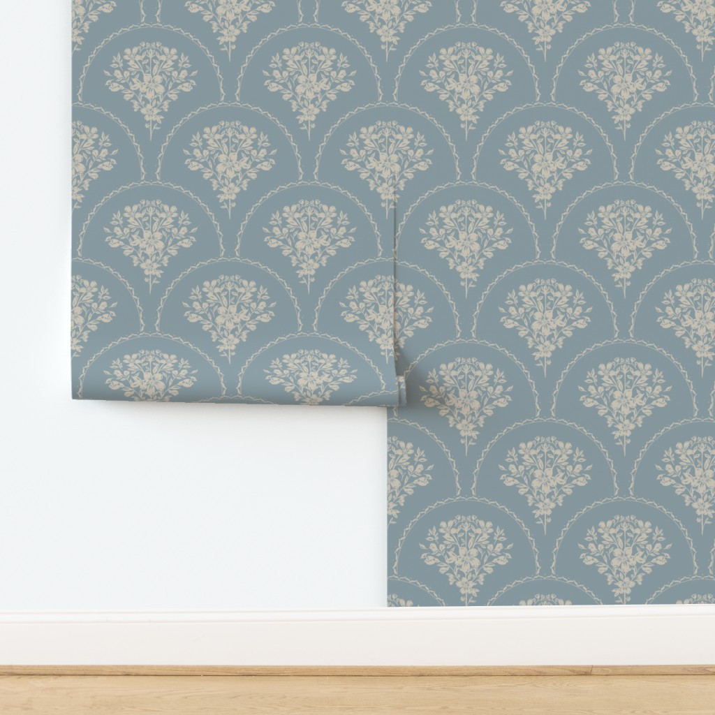 Fleur - French Provincial Scallop Florals - Blue & Beige Wallpaper | Spoonflower | Spoonflower