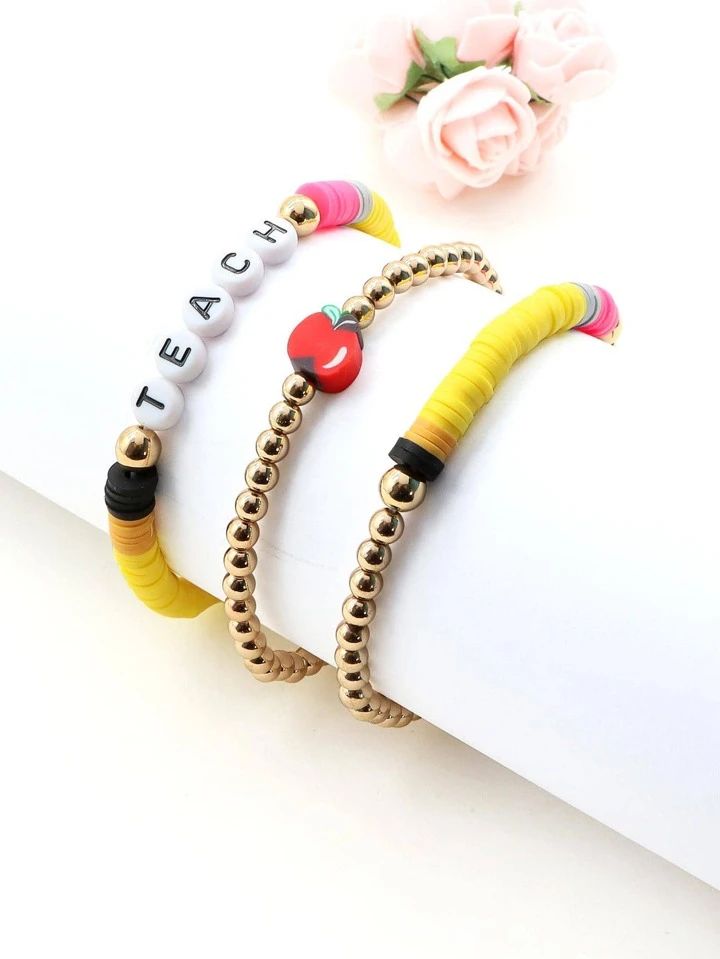 3pcs/set Fashionable Apple Decor Letter Detail Beaded Bracelet For Women For Gift | SHEIN