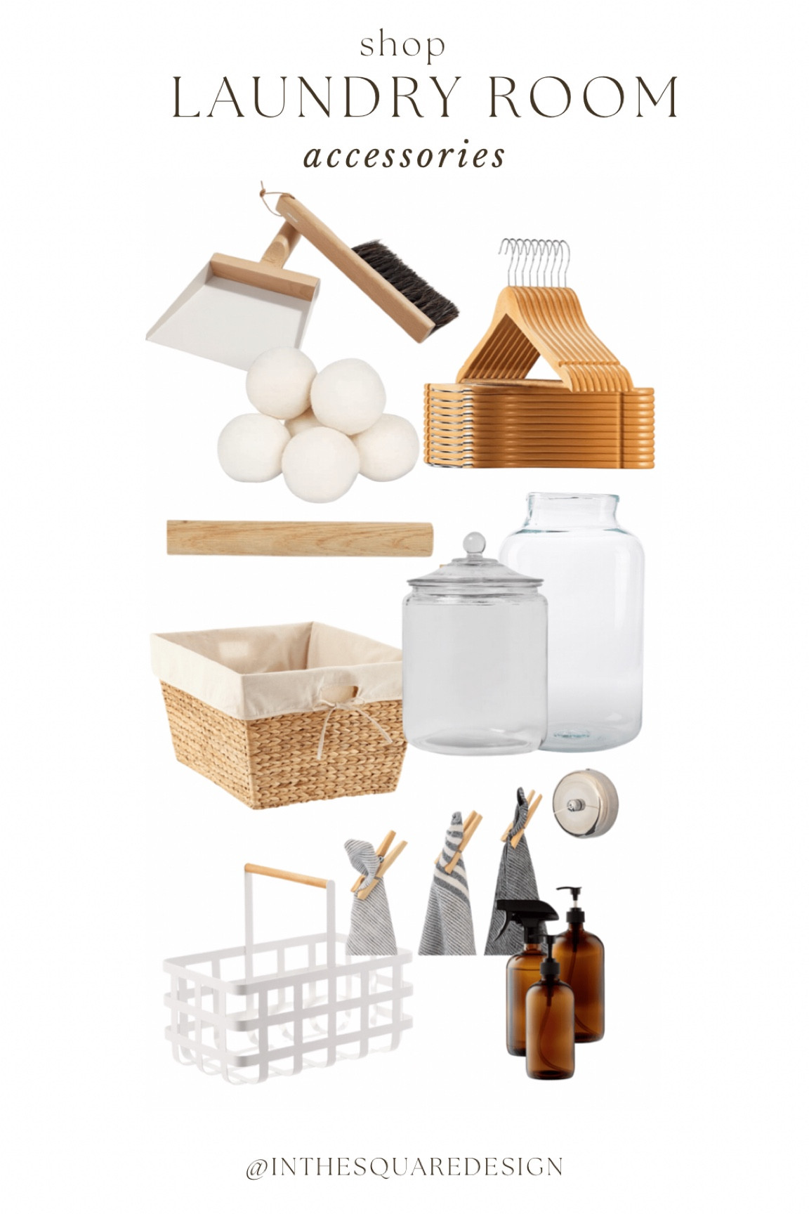 Shop Laundry Room Accessories 

Laundry room canister, glass canister, glass vase, dryer balls, wood hangers, wood hanging rack,  clothes line, laundry room basket, storage basket, storage basket with handle, white metal basket