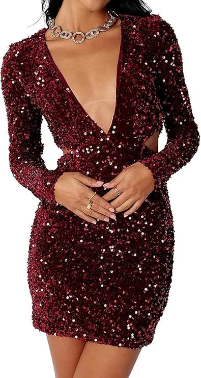R.Vivimos Womens Glitter Sequin Party Dresses Fall Winter Long Sleeve Sexy Deep V Neck Cut Out Sp... | Amazon (US)