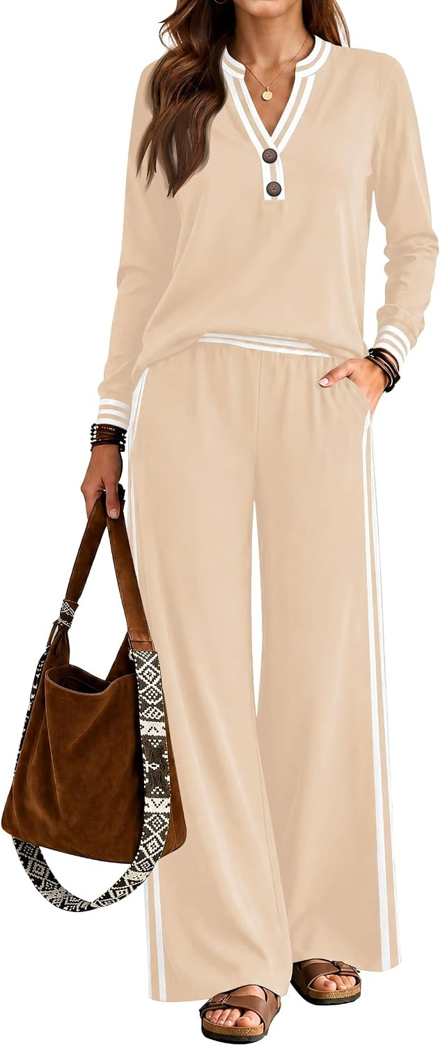 Lounge Sets for Women 2 Piece Outfits Henley Tops High Waisted Pants Set | Amazon (US)