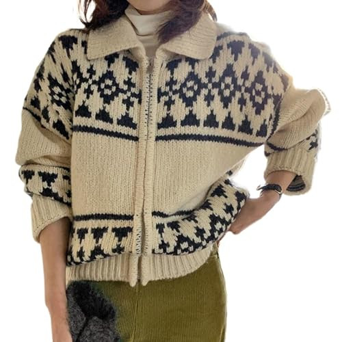 Women's Fair Isle Zip up Cardigans Nordic Collared Knit Sweaters Loose Contrast Patchwork Long Sl... | Amazon (US)