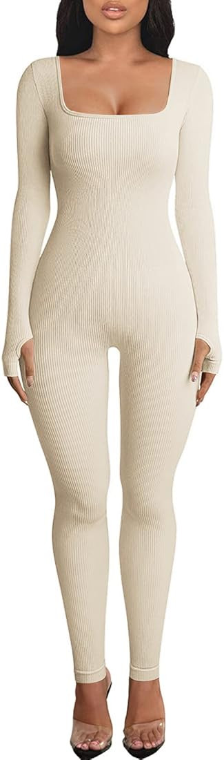 OEAK Womens Ribbed Jumpsuit with Tummy Control Long Sleeve Unitard Casual Yoga Rompers High Waist... | Amazon (US)