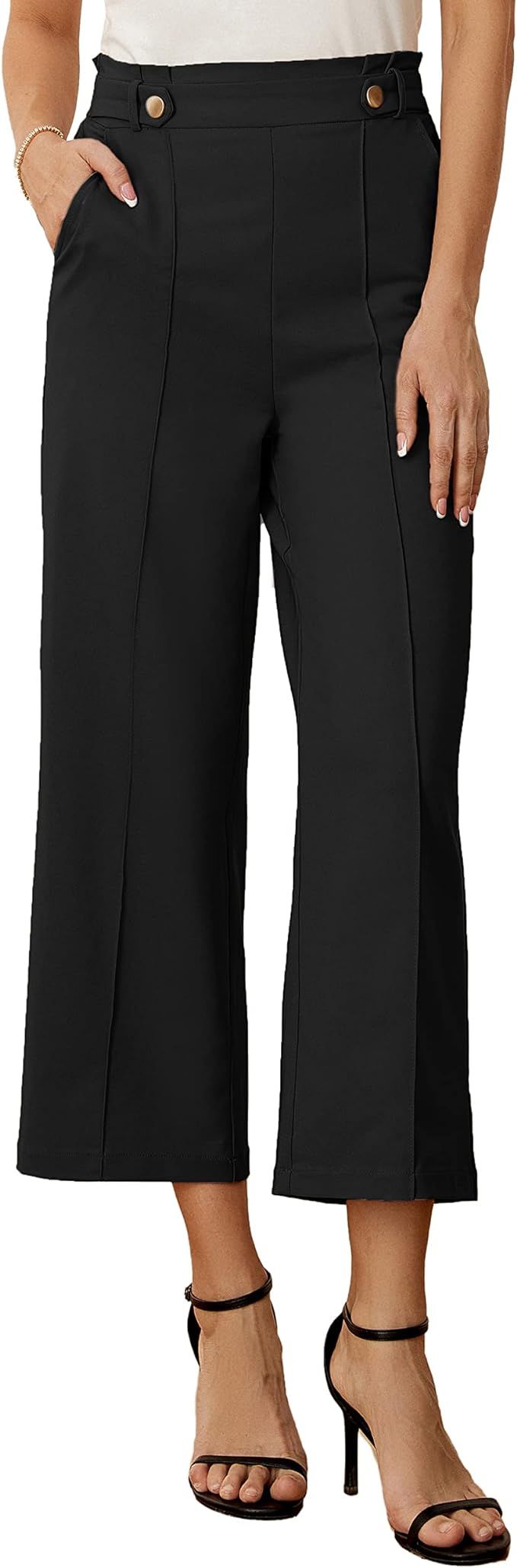 GRACE KARIN Women's Straight Leg Cropped Work Pants Elastic High Waist Wide Leg Business Casual S... | Amazon (US)