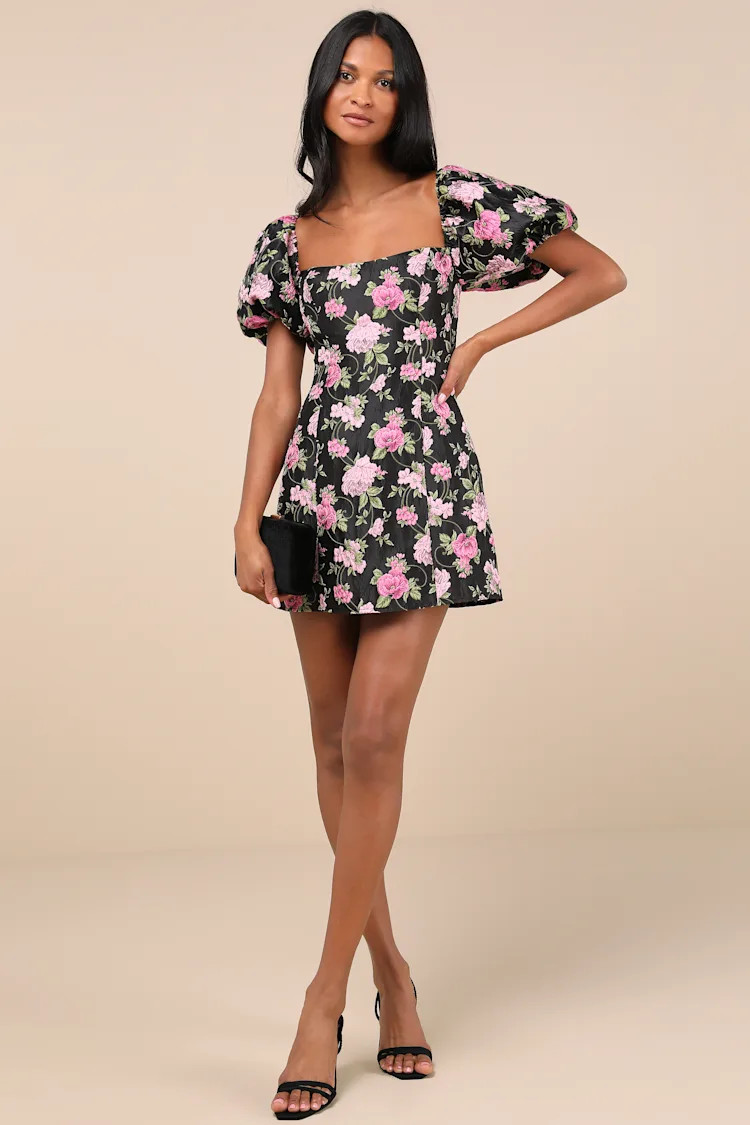 Completely Beloved Black Floral Off-the-Shoulder Mini Dress | Lulus