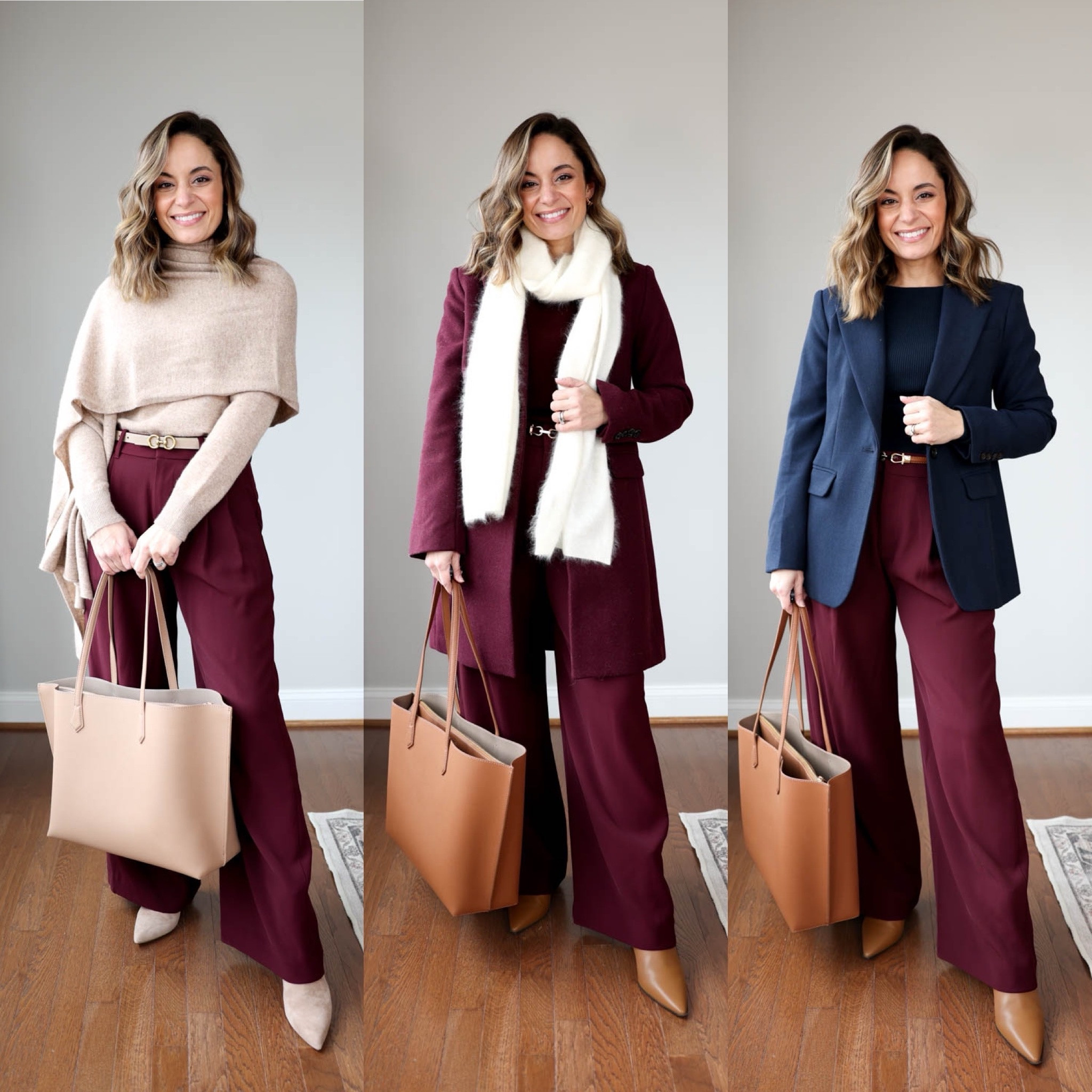 Outfits for work with burgundy pants 

Pants (Gap): petite 00 (pants are sold out in petite in burgundy at the moment) 
Taupe sweater (Quince): xs in oatmeal
Taupe wrap (Quince): in oatmeal 
Burgundy sweater (Quince): xs spiced Cabernet 
Burgundy coat (Ann Taylor): petite xxs 
White scarf (j.crew) 
Navy top (Aritzia): xs (also linking a similar top) 
Navy blazer (BR Factory): petite xxs 
Black turtleneck (Aritzia): xs 
Black coat (J.Crew): petite 00 
Taupe boots are a similar option, slightly different color, same style 

My measurements for reference: 4’10” 105lbs bust, waist, hips 32”, 24”, 35” size 5 shoe. 25” inseam measurement to my ankle bone.