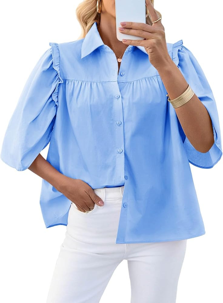 Cicy Bell Womens Summer Button Down Shirts Short Ruffle Puff Sleeve Cotton Blouses Dressy Casual ... | Amazon (US)