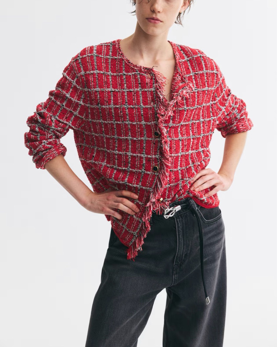 Red plaid boucle style fringe detail cardigan

#LTKSeasonal