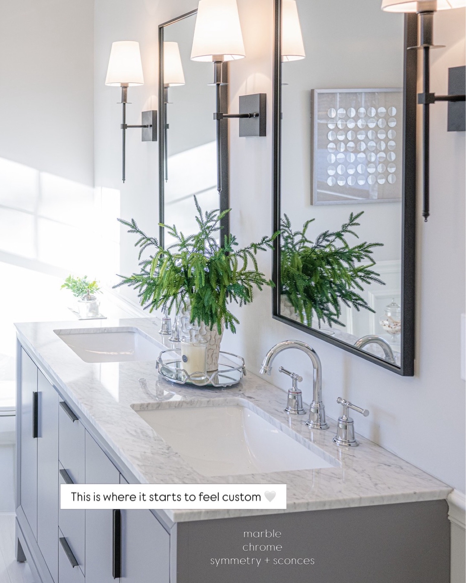 Classic yet modern bathroom finishes - Marble top vanity, polished chrome faucets, black framed mirrors and sconces with fabric shades for a soft finish!


Bathroom design
Bathroom vanitiess 
60” double vanity




#LTKHome