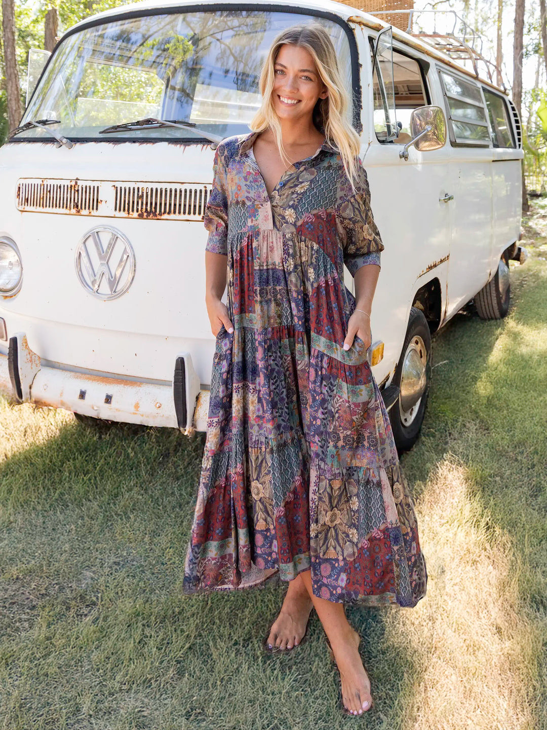 Rebecca Midi Dress - Blue Patchwork | Natural Life