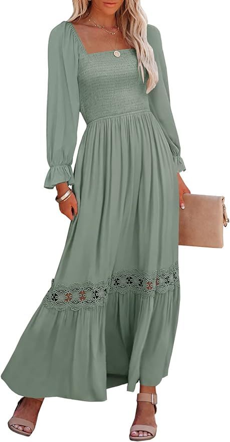 Ferlema Womens Boho Square Neck Ruffle Long Sleeve Lace Trim Casual A Line Flowy Long Maxi Dress ... | Amazon (US)