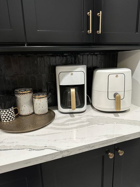 Beautiful by Drew Airfryer, coffee pot, and touchscreen toaster. Gold and white appliances. Brass tray. Kitchen appliances. Small appliances. Walmart home finds. 

#LTKSale #LTKFind #LTKhome