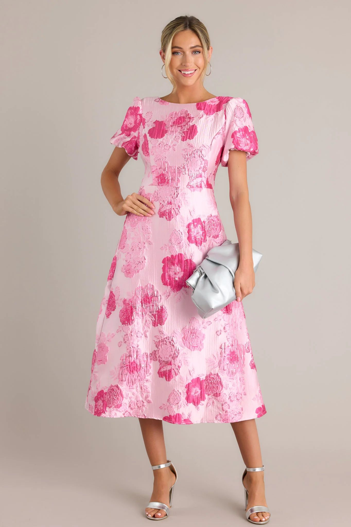 Luxe Living Light Pink Floral Jacquard Midi Dress | Red Dress