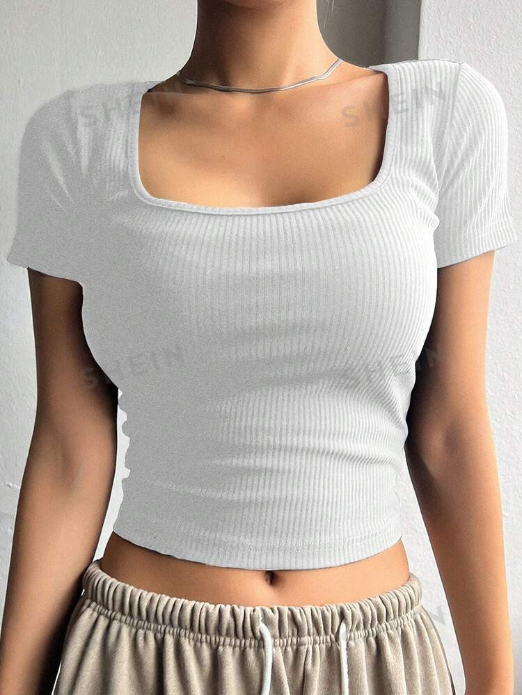 DAZY Women's Slim Fit Ribbed Short Sleeve T-Shirt | SHEIN