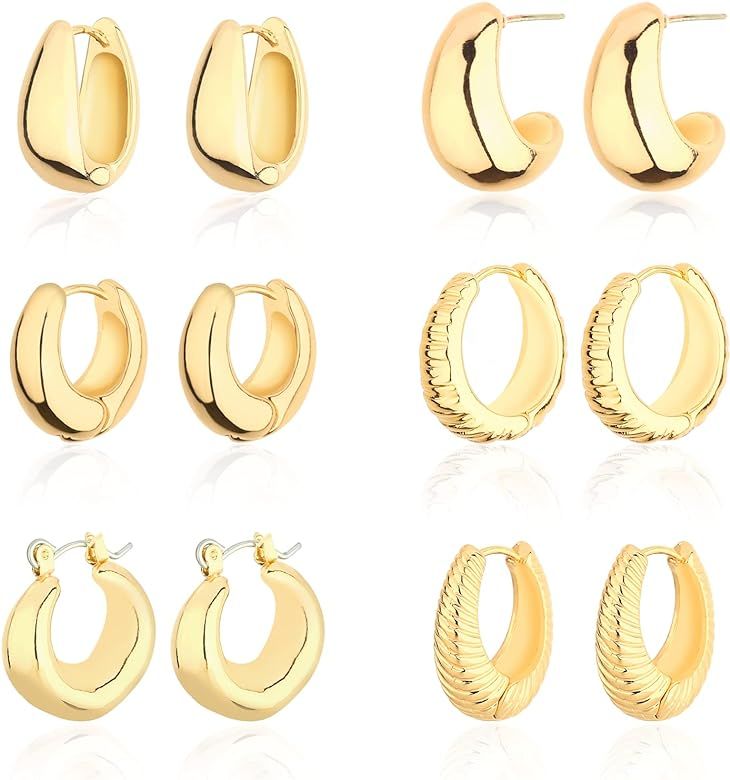 Wgoud Chunky Hoop Earrings Set 14K Gold Hoop Earrings for Women Hypoallergenic, Thick Hoops Earring  | Amazon (US)