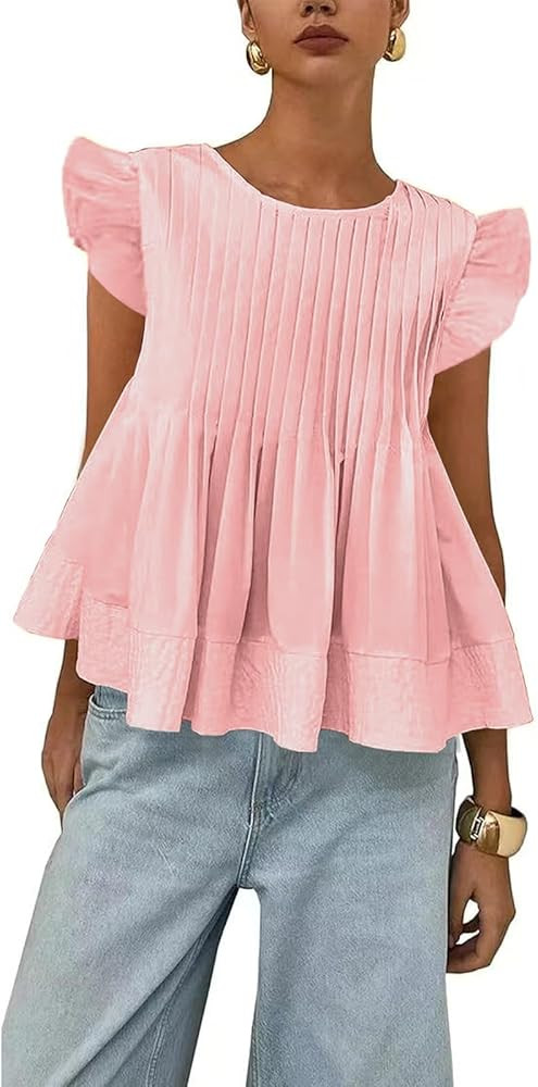 Women's Summer Blouses Pleated Peplum Ruffle Sleeve Blouse Round Neck A Line Babydoll Shirts Tops | Amazon (US)
