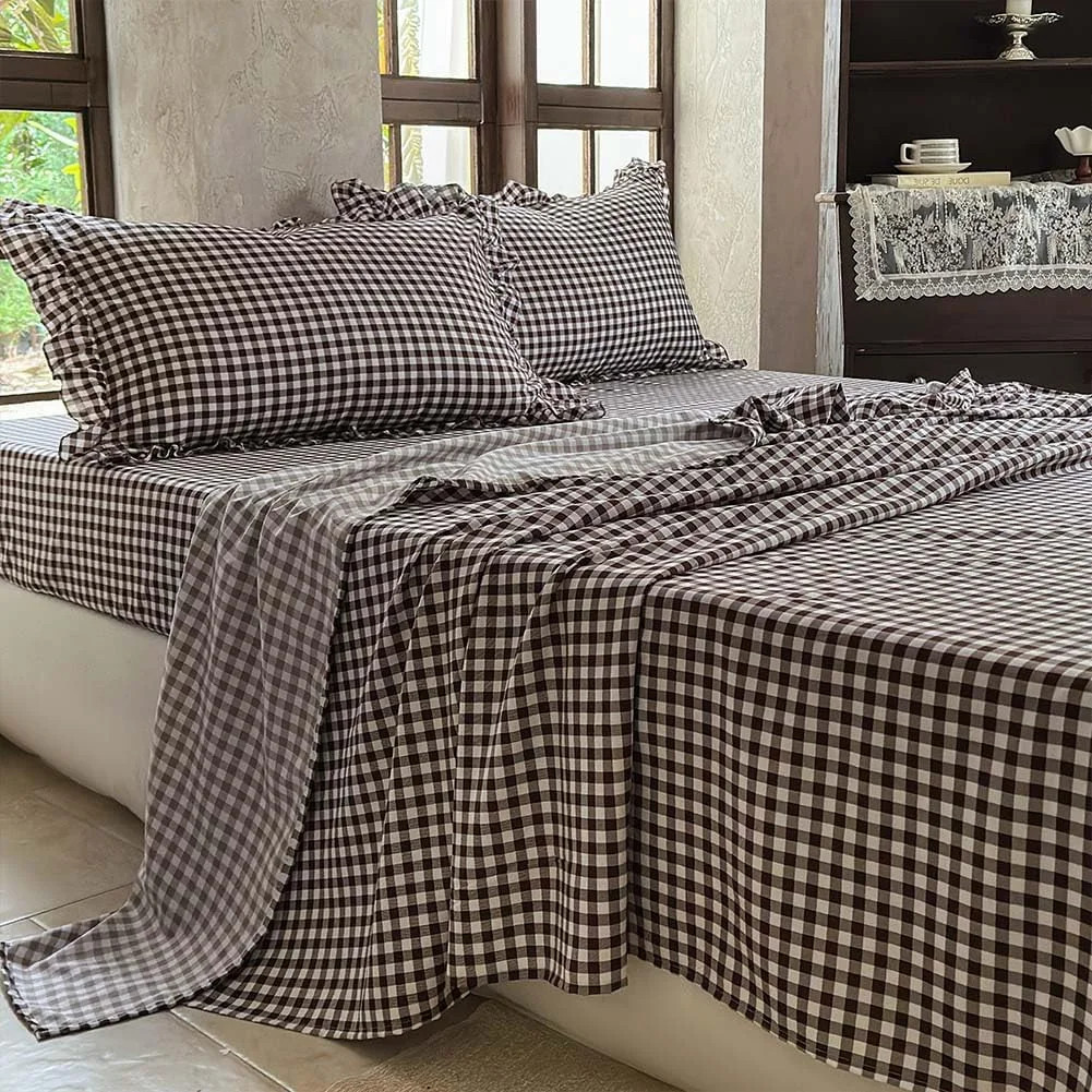 Gingham Ruffle Sheet Set, Soft Pre-Washed Microfiber Plaid Ruffled Bed Sheets, Farmhouse Sheet Se... | Wayfair North America