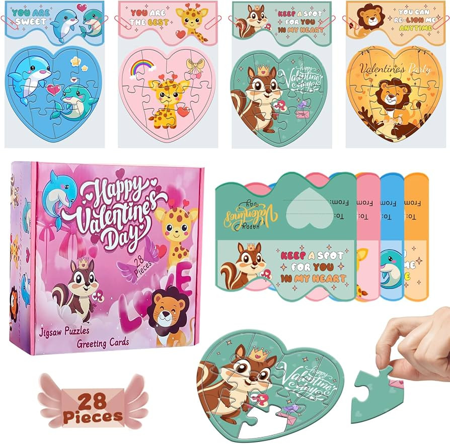 28 Pcs Valentines Day Gift Greeting Cards for Kids, Toddlers School Jigsaw Puzzle Set with Heart ... | Amazon (CA)