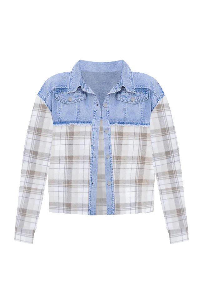 A Different Direction Ivory And Beige Plaid Detail Denim Jacket | Pink Lily