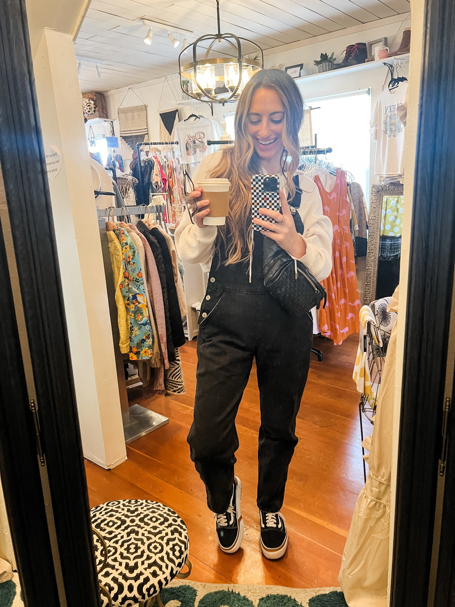 Yesterdays outfit! Went with my Abercrombie black overalls bcz why not! Paired with a hooded sweater and my platform vans! This leather fanny is actually from TJ maxx! Linked similar ones! 🫶🏼

#LTKfindsunder50 #LTKtravel #LTKstyletip