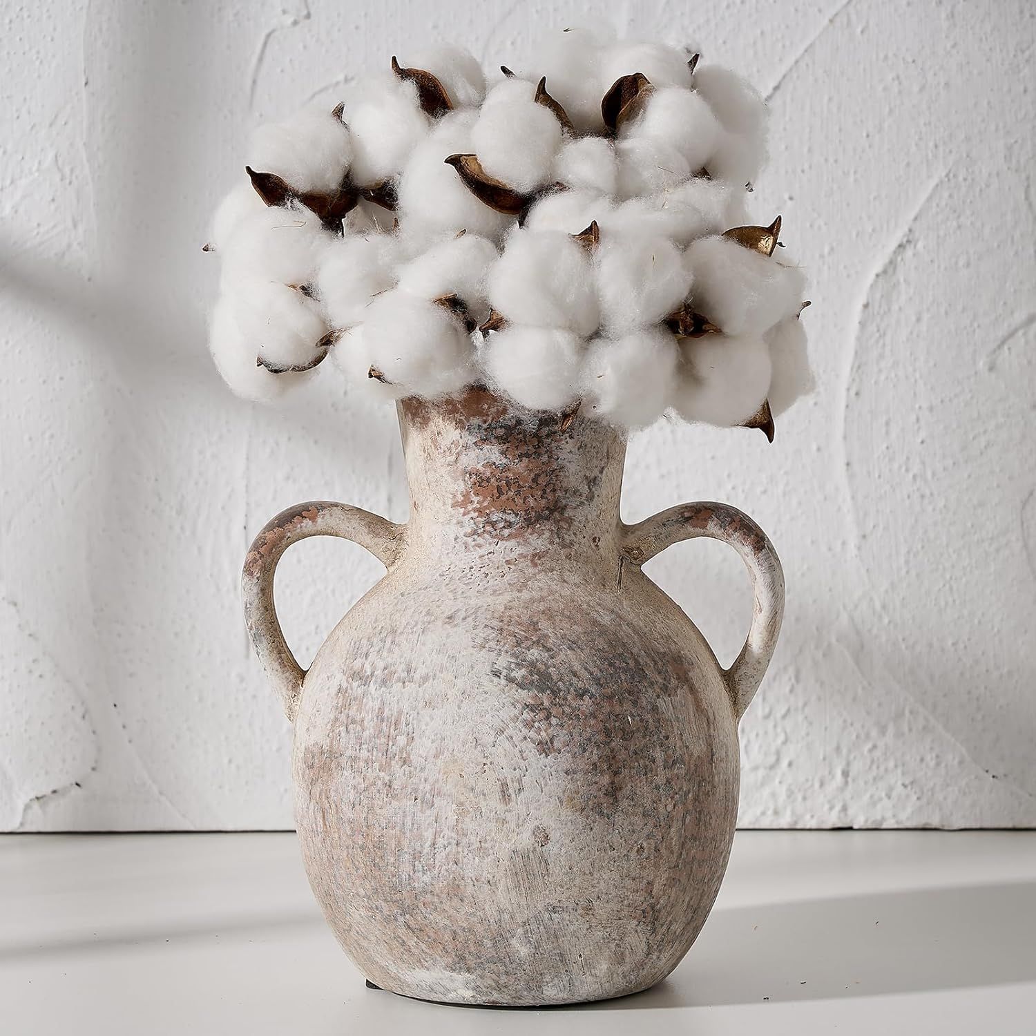 SIDUCAL Rustic Ceramic Farmhouse Flower Vase with 2 Handles, Whitewashed Terra Cotta Vase, Decora... | Amazon (US)