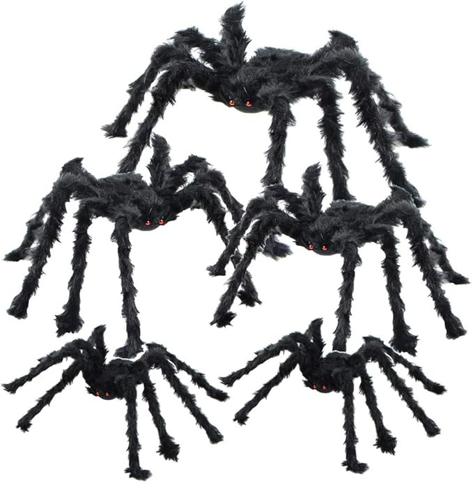 5pcs Halloween Spider Set: Giant Hairy Spider with Red Eyes, Bendable Legs - Scary Decorations fo... | Amazon (US)