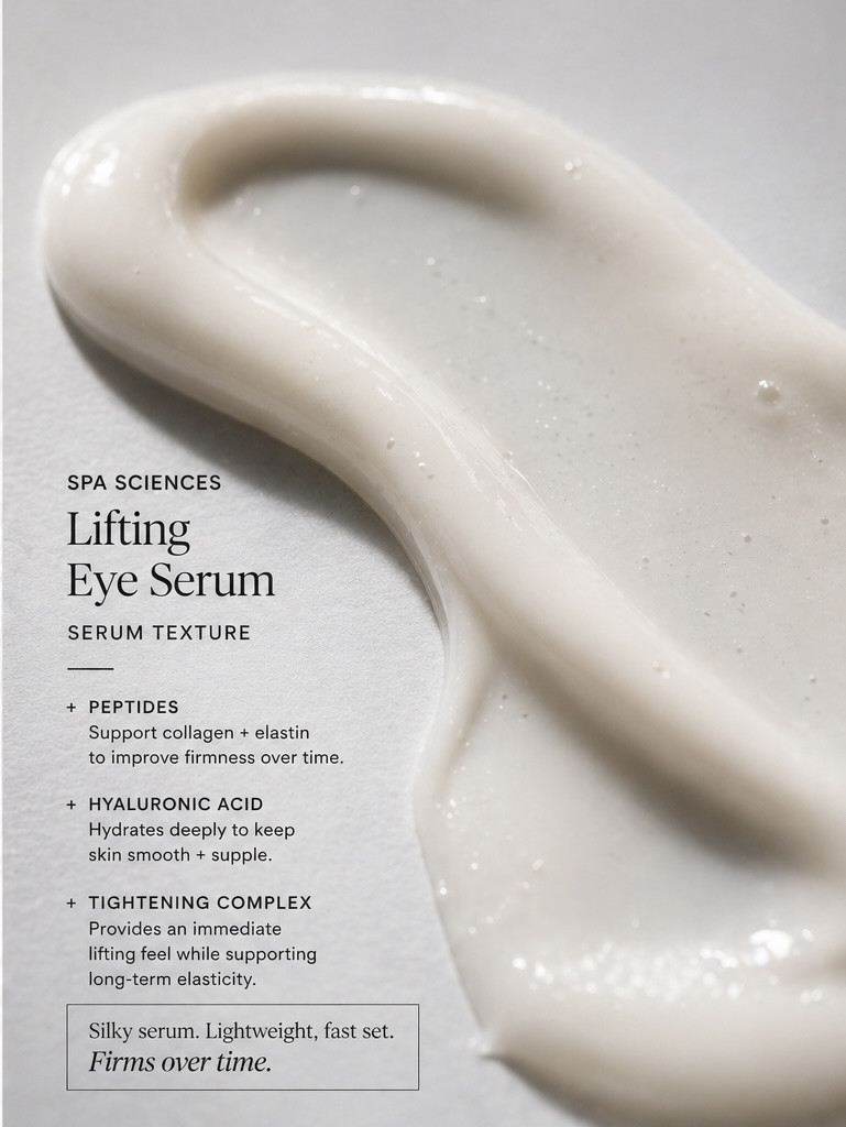 Lifting Eye Serum
This is about what your under-eye becomes over time.
Fine lines and laxity are structural.
So this formula leans into signaling and support.
Peptides help signal collagen + elastin production
Hydrators maintain skin volume and flexibility
Light tightening agents create a subtle film for immediate effect
What you see (over time):
Smoother texture. Slightly firmer appearance. Less collapse in fine lines. #spa #skincare #antiaging 

#LTKMothersDay #LTKOver40 #LTKBeauty