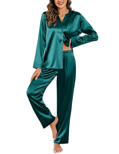 Ekouaer Silk Pajamas For Women 2 Piece Set Satin Pjs Long Sleeve Button Up Sleepwear Comfy Lounge sets Green | Amazon (US)