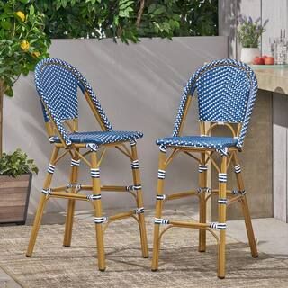 Noble House Kinner Dark Teal, White, Bamboo Faux Rattan and Metal Outdoor Bar Stool (2-Pack) 1051... | The Home Depot
