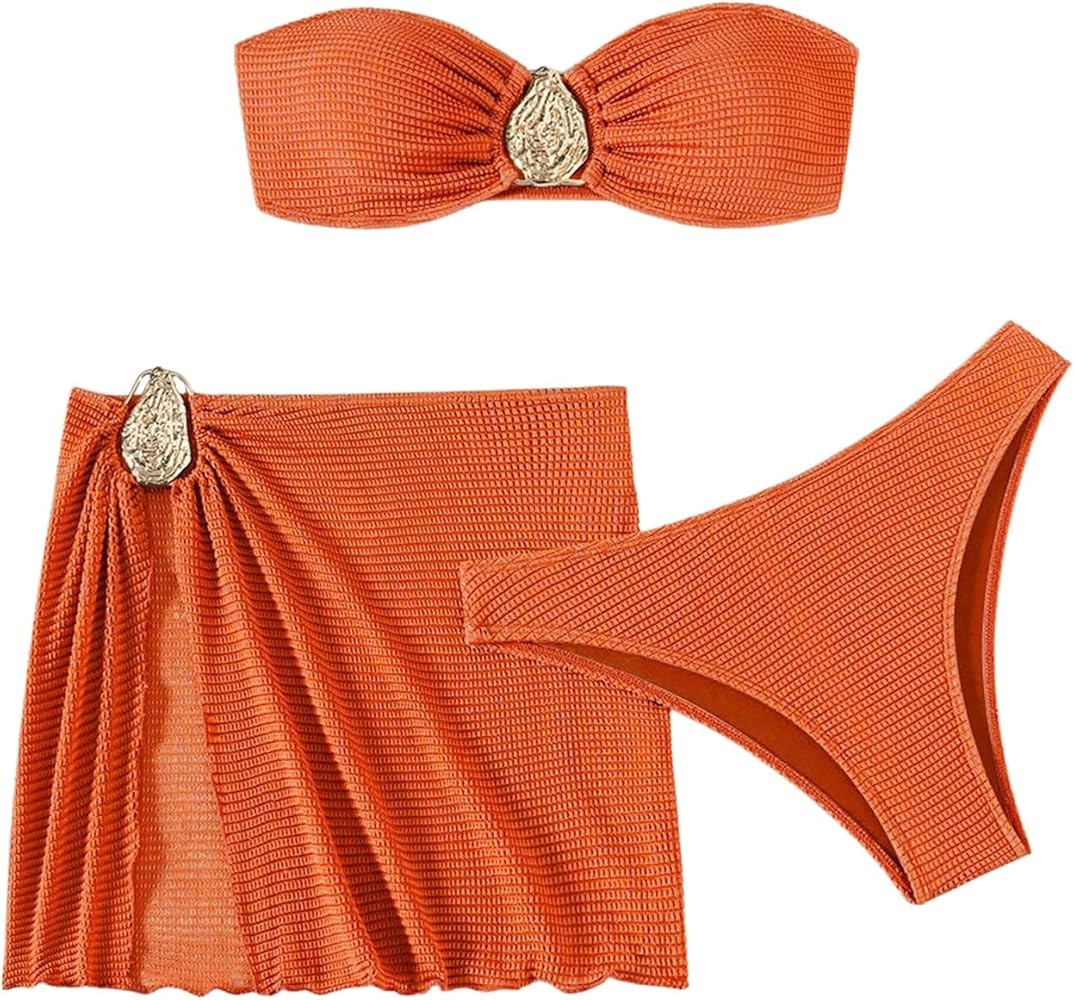 GORGLITTER Women's Strapless Bandeau Swimsuits High Waisted Cheeky Metal Bikini Sets with Bathing... | Amazon (US)