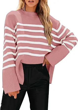 KIRUNDO Women's Striped Knit Oversized Fall Sweaters 2026 Trendy Clothes Crewneck Winter Pullover... | Amazon (US)