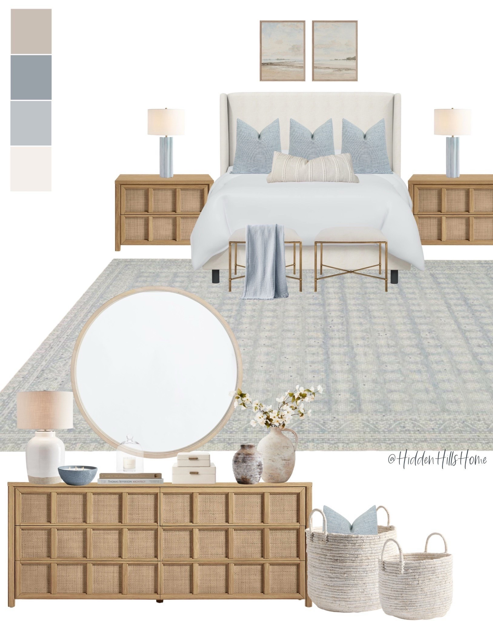 Coastal master bedroom decor mood board, bedroom design, bedding, home decor ideas, bedroom inspiration, master bedroom ideas, beach house bedroom, lake house bedroom, Tilly bed, bedroom rug, nightstands 


#LTKHome #LTKSaleAlert #LTKSeasonal