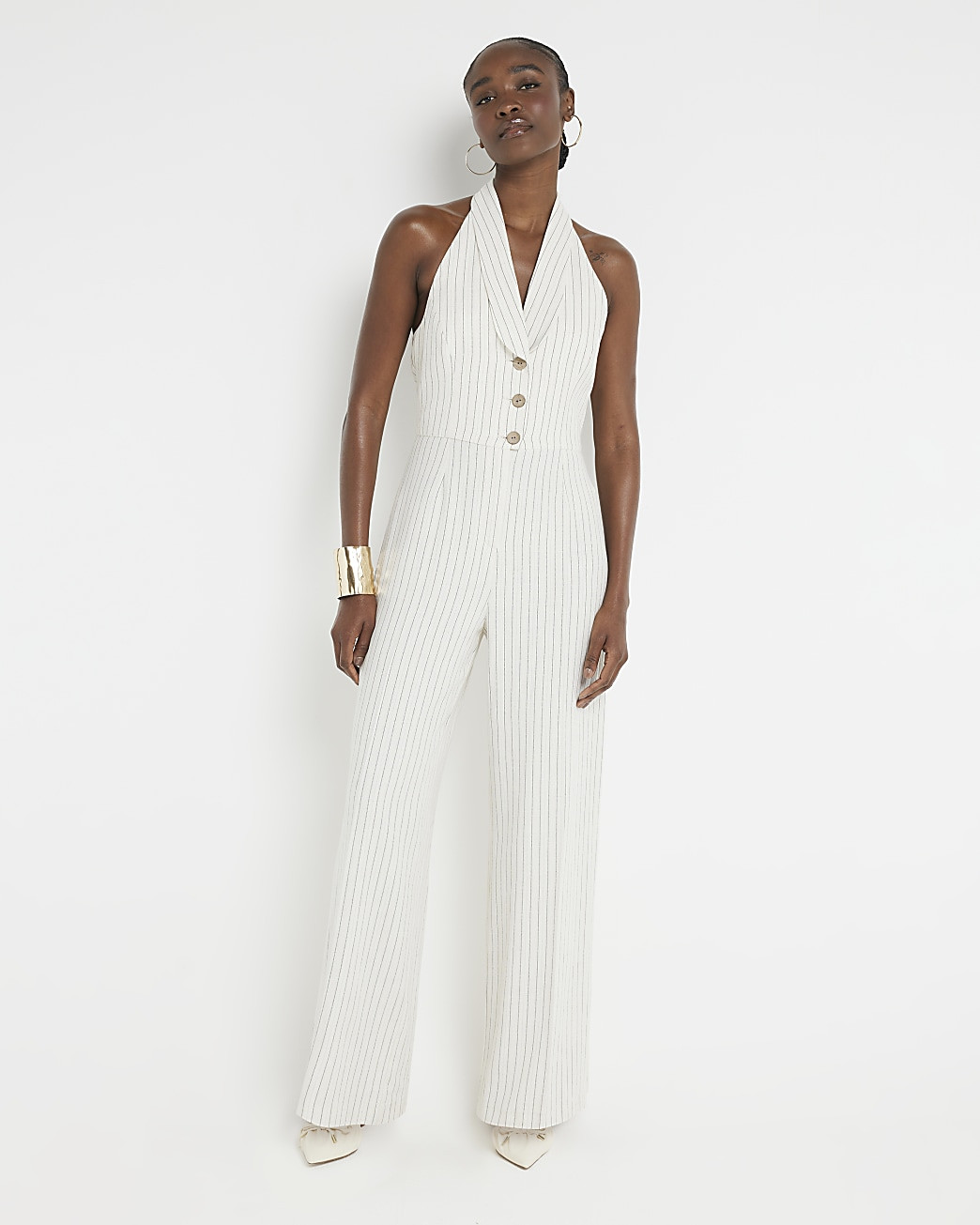 Cream Stripe Halter Neck Waistcoat Jumpsuit | River Island (UK & IE)
