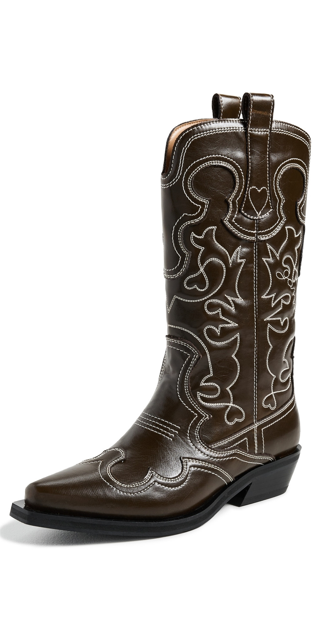 GANNI Mid Shaft Embroidered Western Boots Dark Olive/Egret 40 | Shopbop