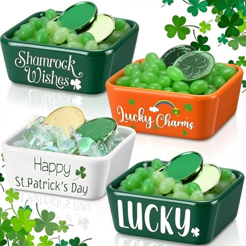 Potchen 4 Pcs Mini St. Patricks Day Candy Dish Ceramic Candy Bowls Serving Trays St. Patrick's Day Shamrock Lucky Dishes Farmhouse Home Table Decoration for Holiday Snacks Cookie Housewarming Gift | Amazon (US)