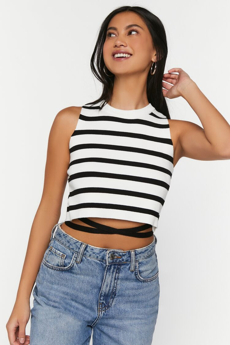 Women's Striped Strappy Sleeveless Crop Top in Black/White Large | Forever 21