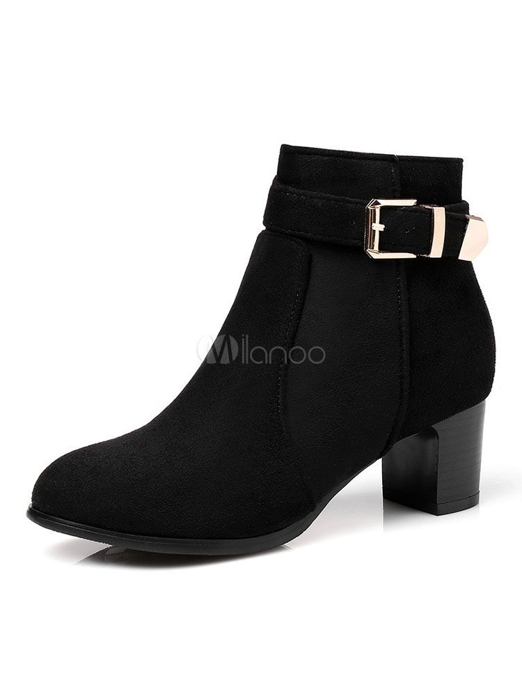Black Ankle Boots Suede Round Toe Buckle Detail Women Boots | Milanoo