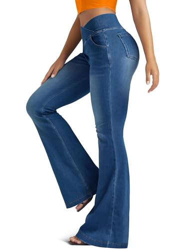 FUNUCA Knit Stretchy Jean Leggings for Women with Crossover High Waisted Bell Bottom Yoga Pants F... | Amazon (US)