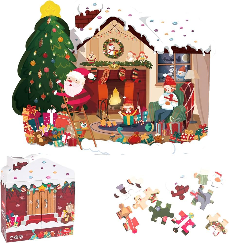Chifafortoo 115 Piece Christmas Theme Jigsaw Puzzle for Kids 4-10, Christmas House Shaped Santa P... | Amazon (US)