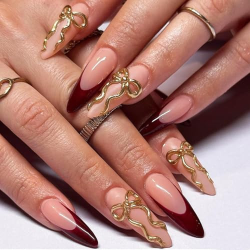 Red French Tip Press on Nails Bow Fake Nails Long Stiletto False Nails with Design 3D Gold Bowknot Glue on Nails Glossy Artificial Acrylic Nail Full Cover Nude Stick on Nails for Women Manicure 24Pcs | Amazon (US)