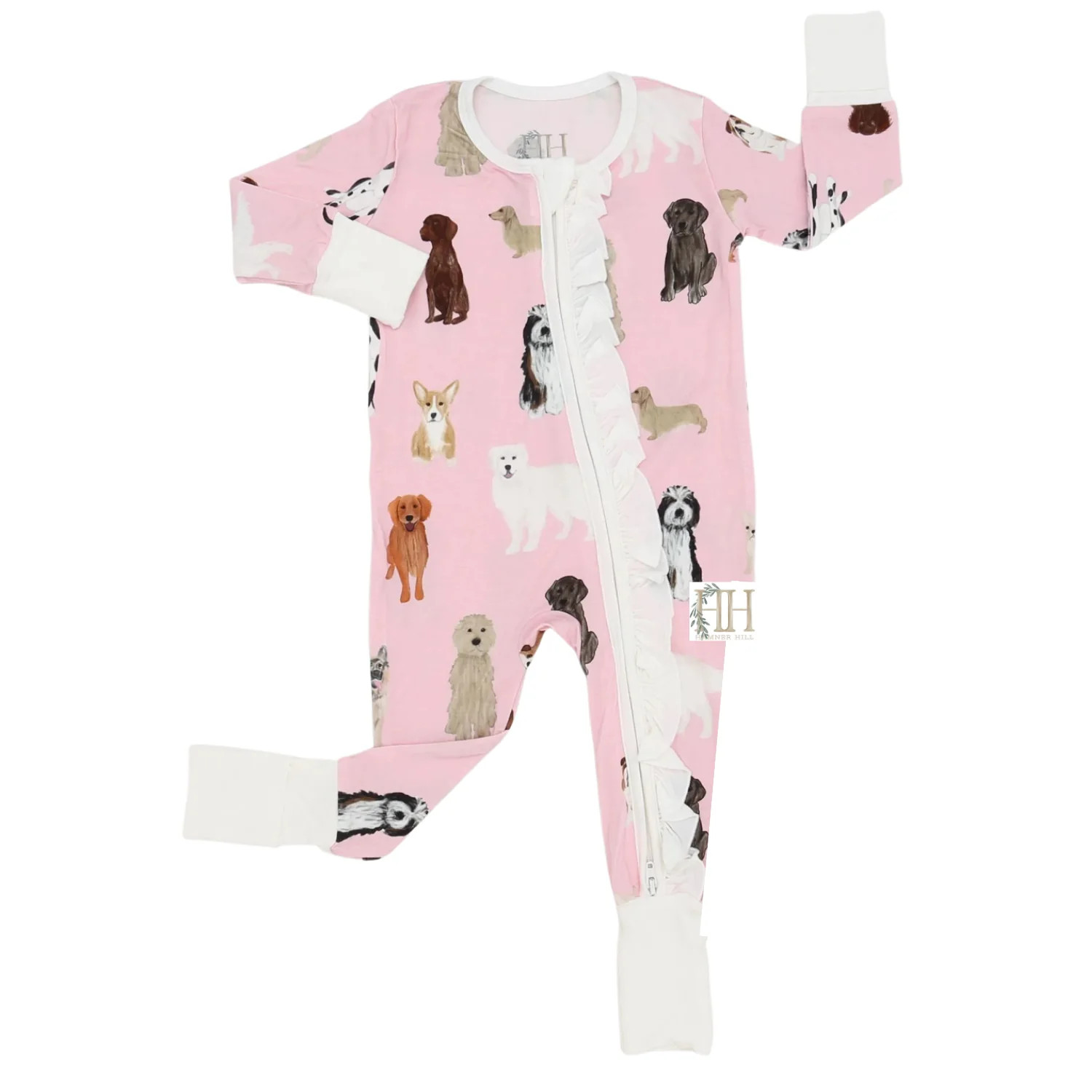 Girls Multi Dog Ruffle Double Zipper Romper | Hamner Hill