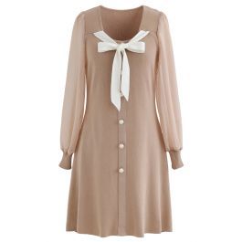 Bowknot Button Trim Sheer Sleeves Knit Dress in Dusty Pink | Chicwish