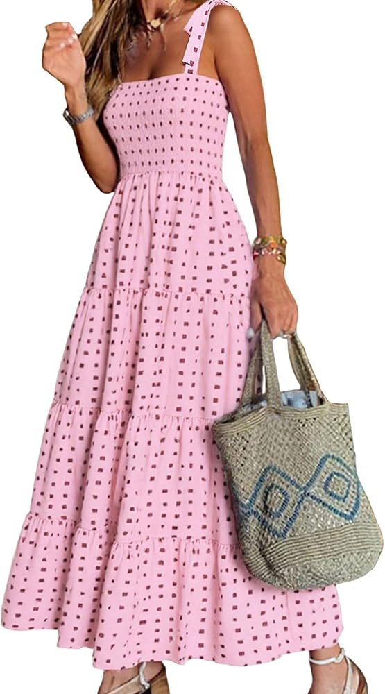 Womens Summer Tie Shoulder Flowy Sundress Beach Vacation Long Maxi Dresses | Amazon (US)